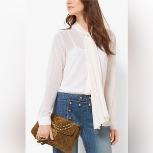 Beautiful Michael Kors Pleated Chiffon Tie-Neck Blouse